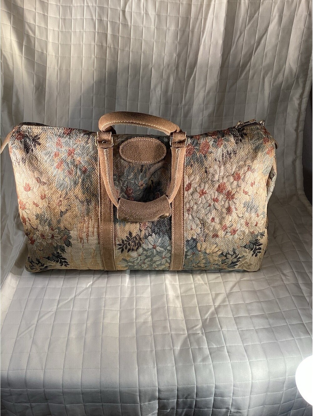VINTAGE FRENCH LUGGAGE CO Gray Rose Suede Tapestry 18” Carry On Duffle Bag Clean
